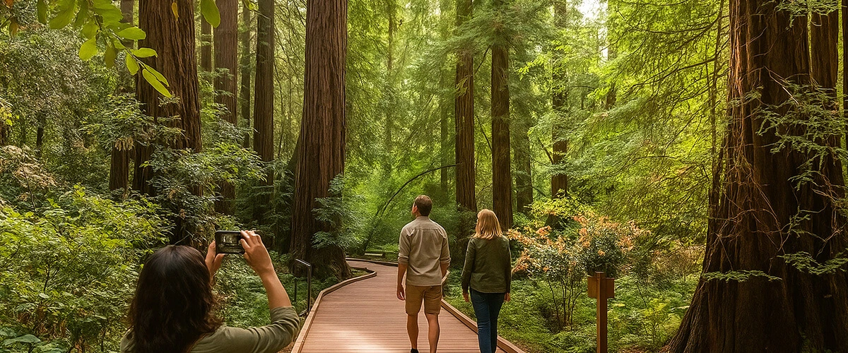 Tourists walking along the boardwalk trail through towering redwoods in Muir Woods National Monument