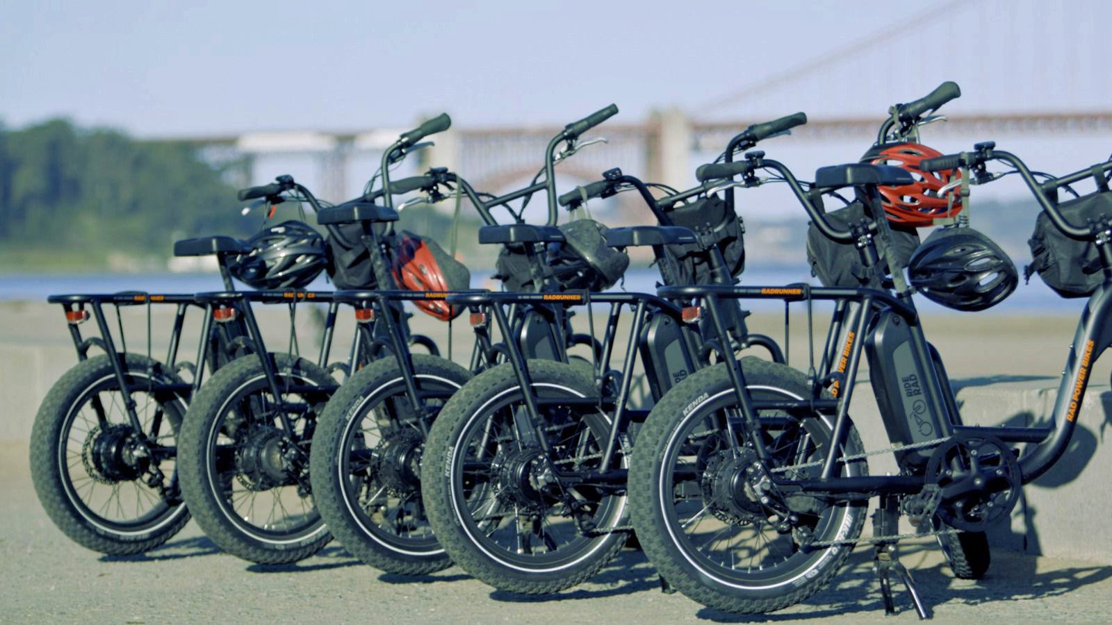 Bike Rentals row of black electric bikes lined up