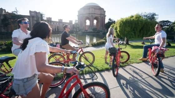 bikers-palace-of-fine-arts group of bikers at the palace of fine arts on a sunny day