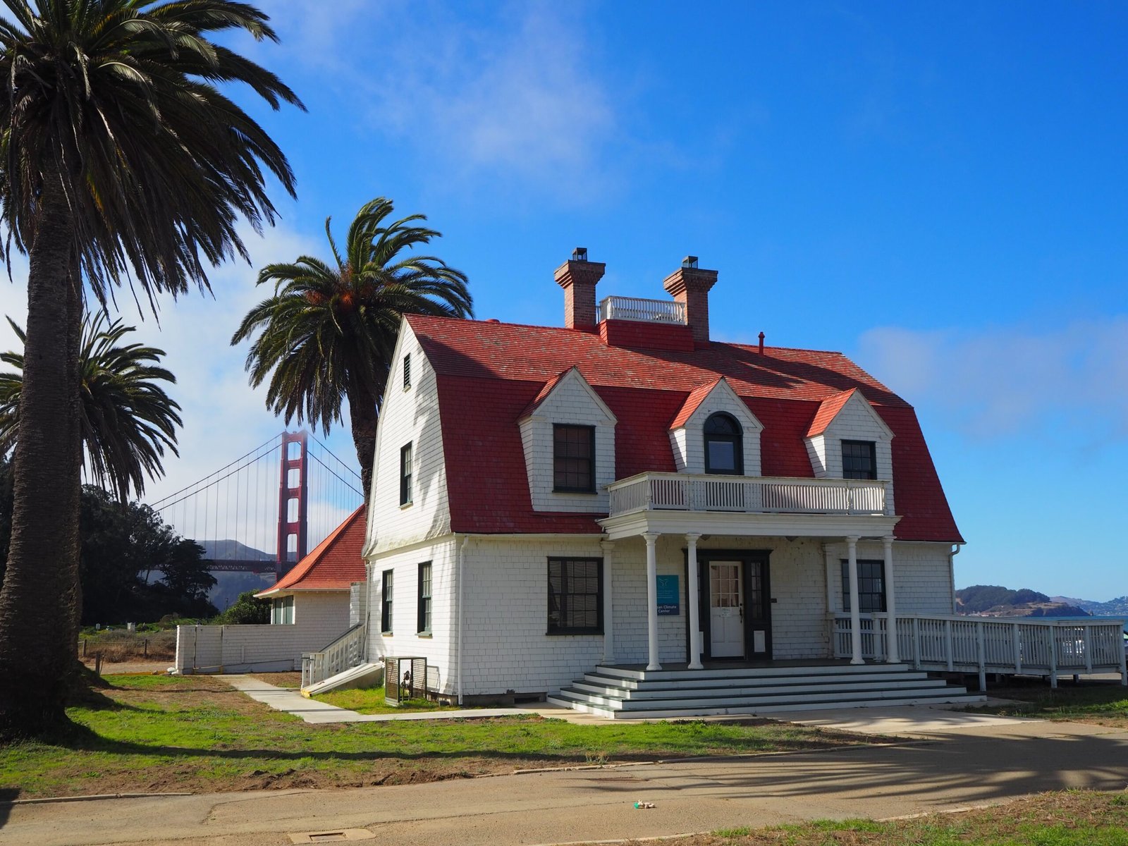 Building in the Presidio with Golden Gate Bridge