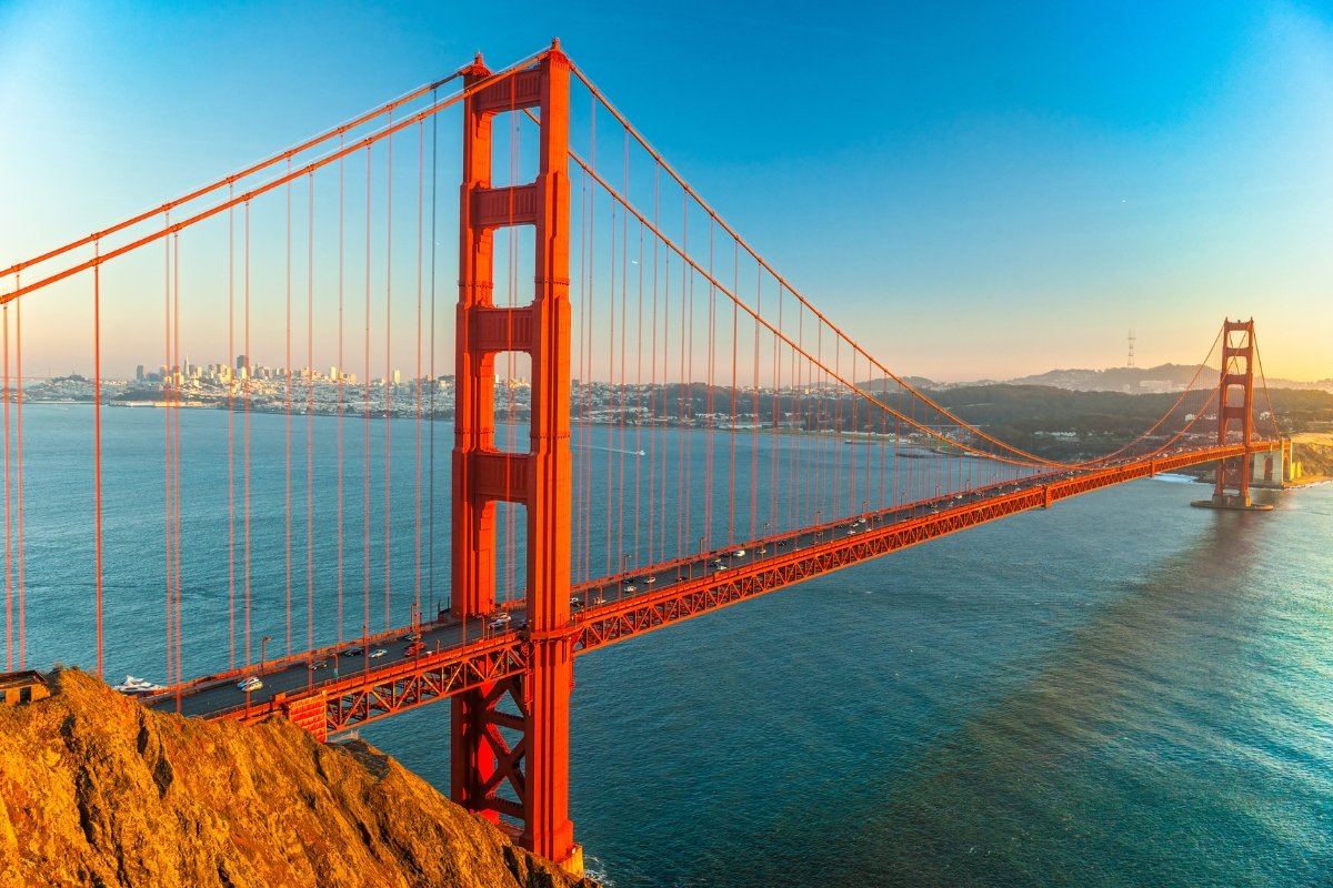 Golden Gate, San Francisco, California, USA. Spectacular Golden Gate Bridge at Sunset with San Francisco Skyline View