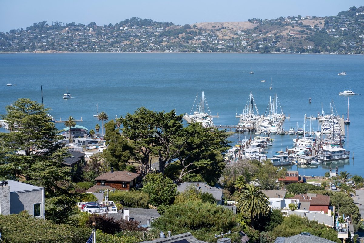 Coastal views of Marin County featuring Sausalito marina, waterfront promenade, cyclists on Tracy Way, and visitors enjoying the pier at Tiburon with San Francisco Bay backdrop
