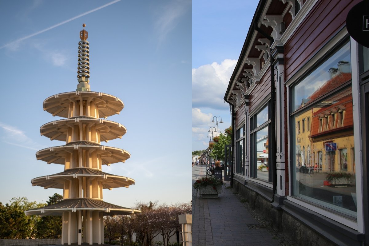 Split image of Japantown Peace Pagoda tower and traditional Victorian storefront with reflection