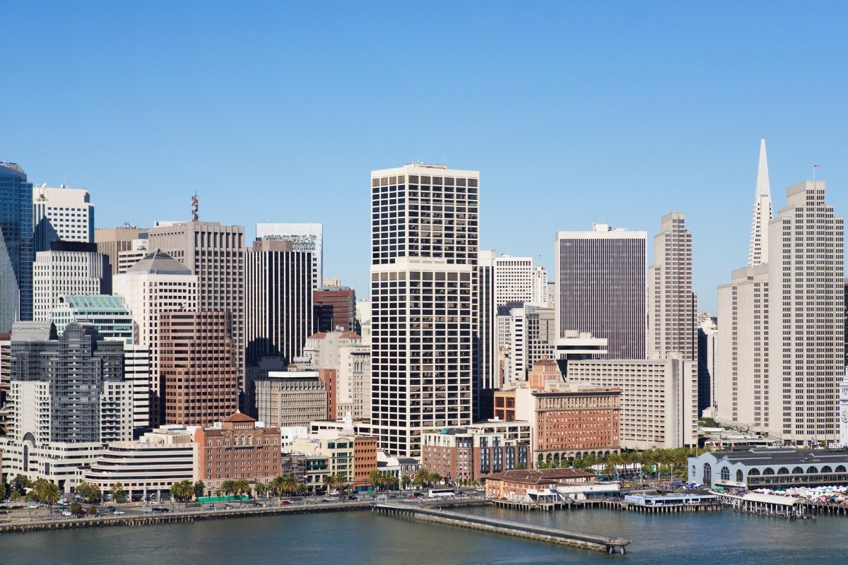 Downtown San Francisco skyline view from the bay showing modern skyscrapers, historic buildings and waterfront piers