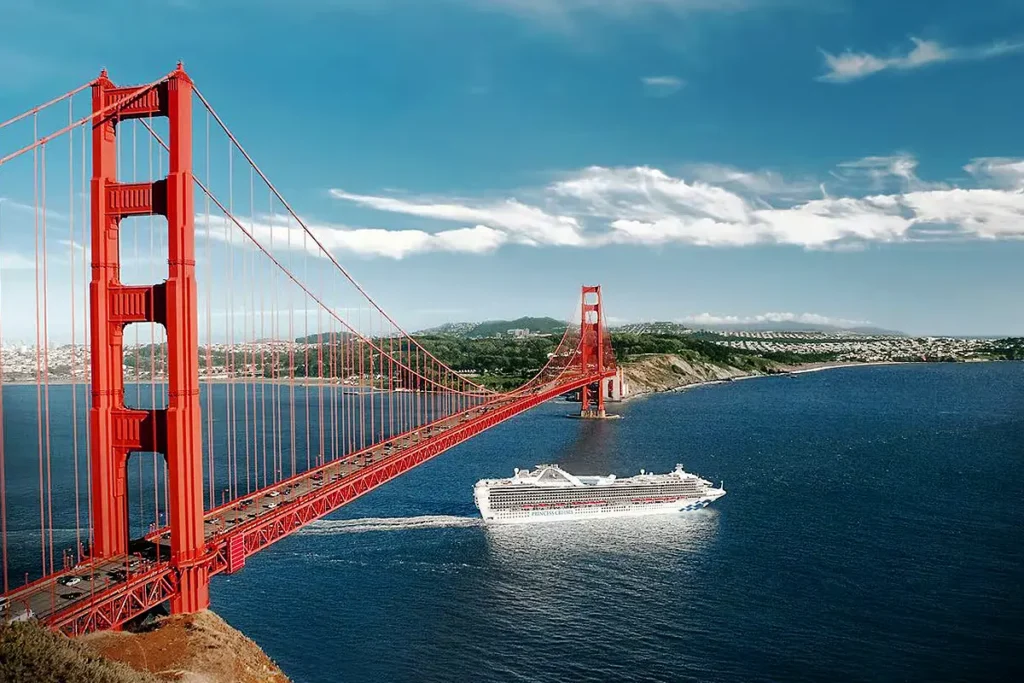 Golden Gate Bridge in San Francisco with a cruise ship sailing underneath