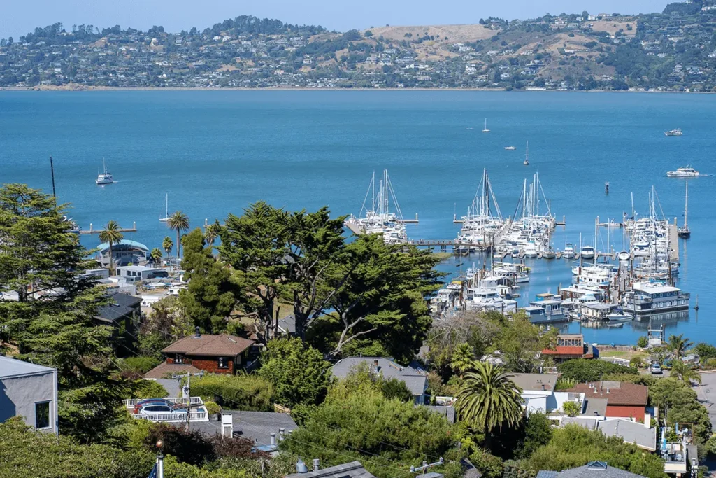 Scenic view of Sausalito pier extending into the water with waterfront buildings in the background