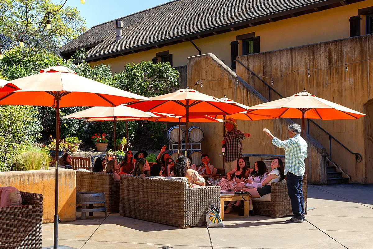 A group of people enjoying a wine tasting experience during a guided tour in Napa Valley.