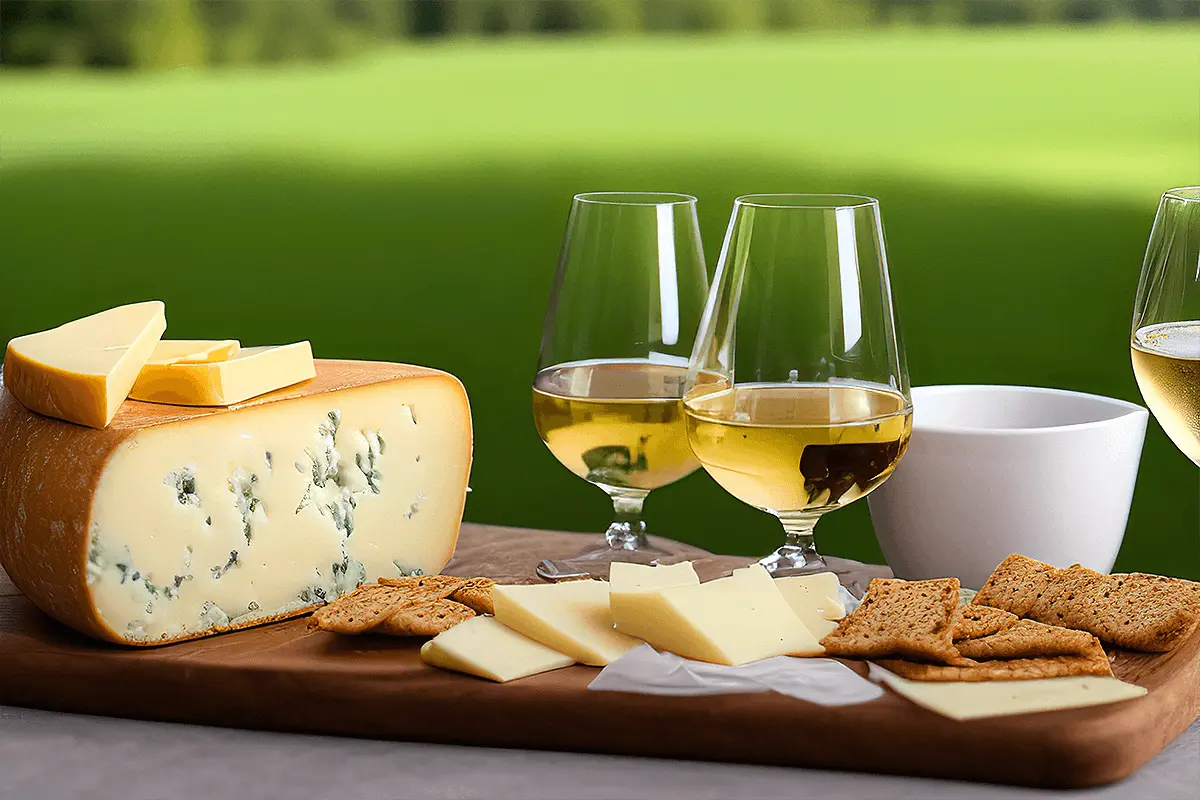 Close-up of a glass of white wine with cheese and crackers on a wooden serving board.