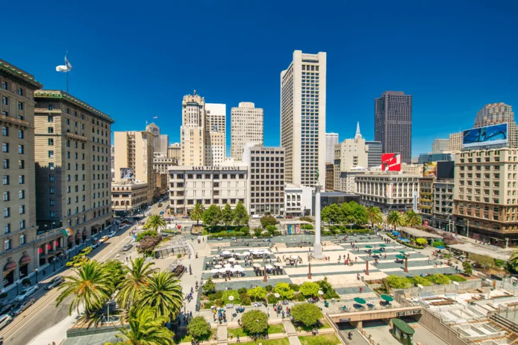 Aerial view of Union Square in San Francisco with people walking and surrounding buildings visible