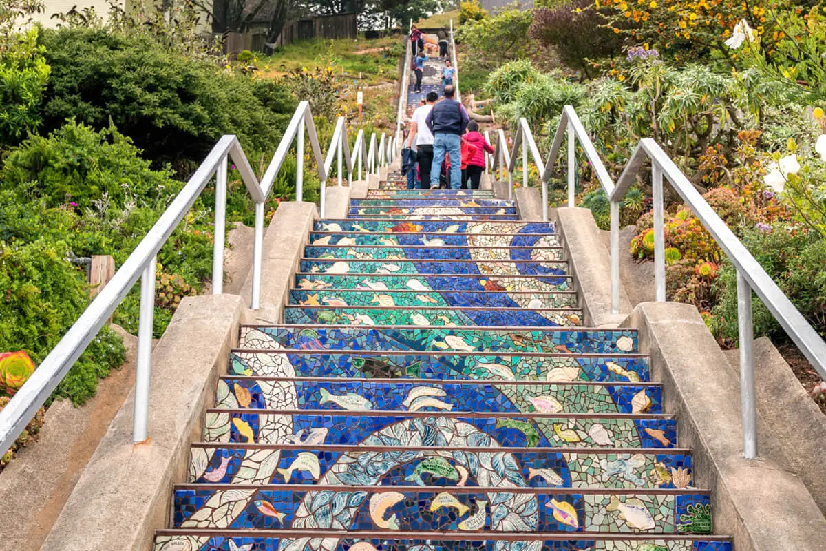 Colorful mosaic design on the 16th Avenue Tiled Steps in San Francisco’s Inner Sunset neighborhood.