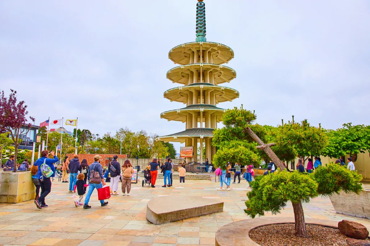 Peace Pagoda landmark in San Francisco Japantown with surrounding plaza.
